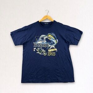 Vintage Panama 1903 Fishing Graphic T Shirt Navy Blue Size L